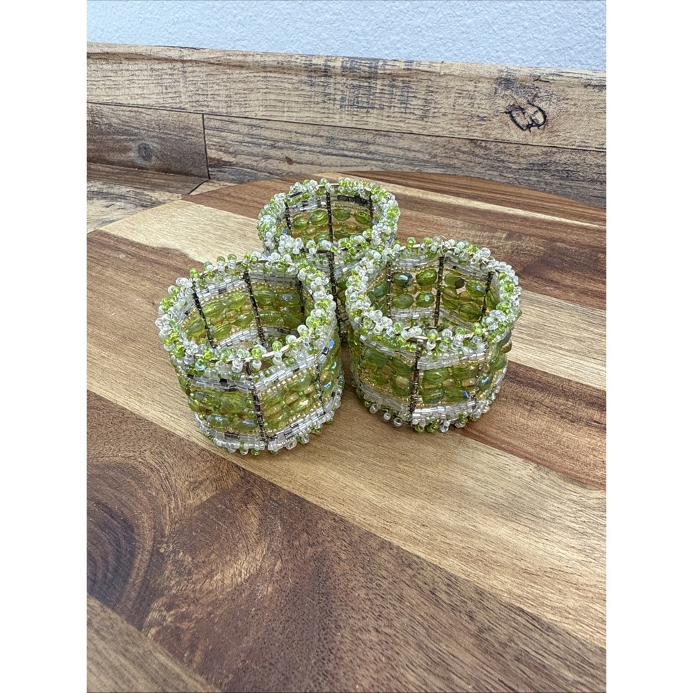 Set Of 3 Green, White & Gold Beaded Napkin Rings
